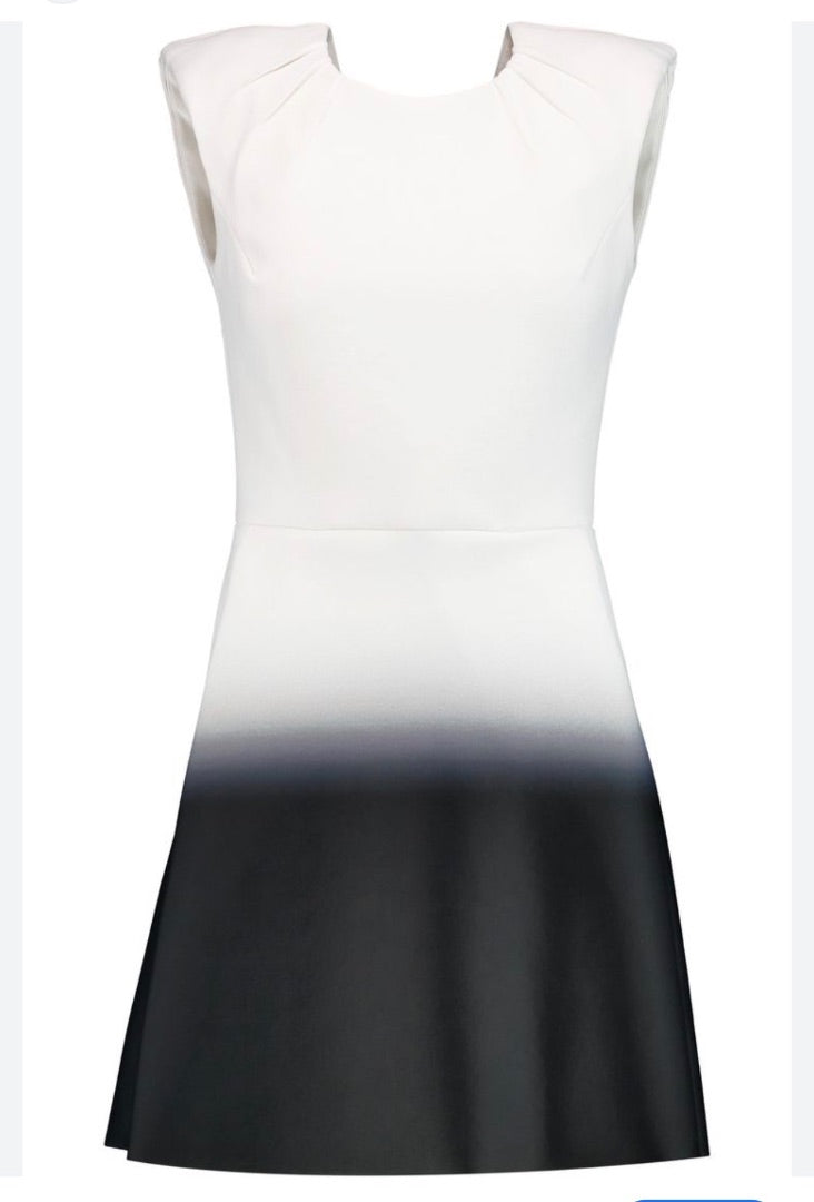 Maje Romance ombré neoprene mini dress features a structured, fit-and-flare silhouette with a white top fading into a black hem
