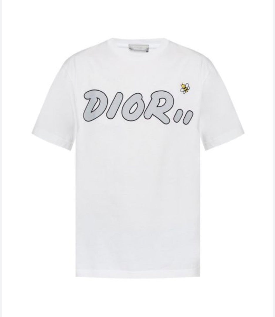 Christian Dior collaboration with artist KAWS, featuring a stylized grey logo and a small embroidered bee.