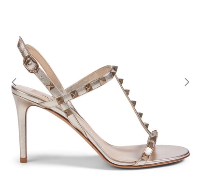 Valentino Rockstud Metallic Leather T-Strap Heeled Sandals