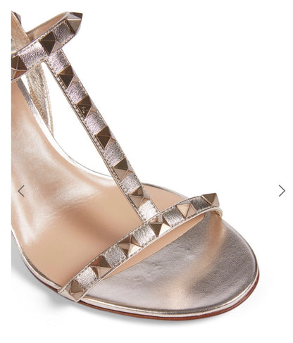 Valentino Rockstud Metallic Leather T-Strap Heeled Sandals