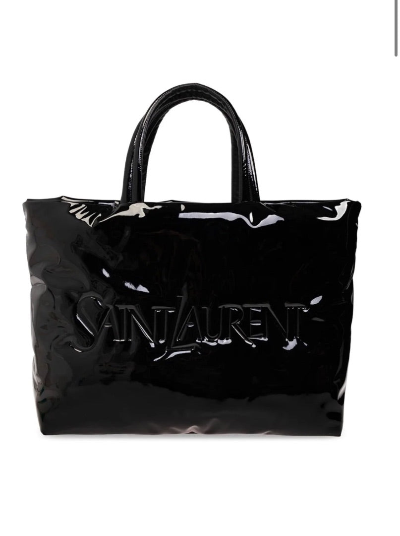 Saint Laurent logo-debossed tote bag with a high-shine patent finish