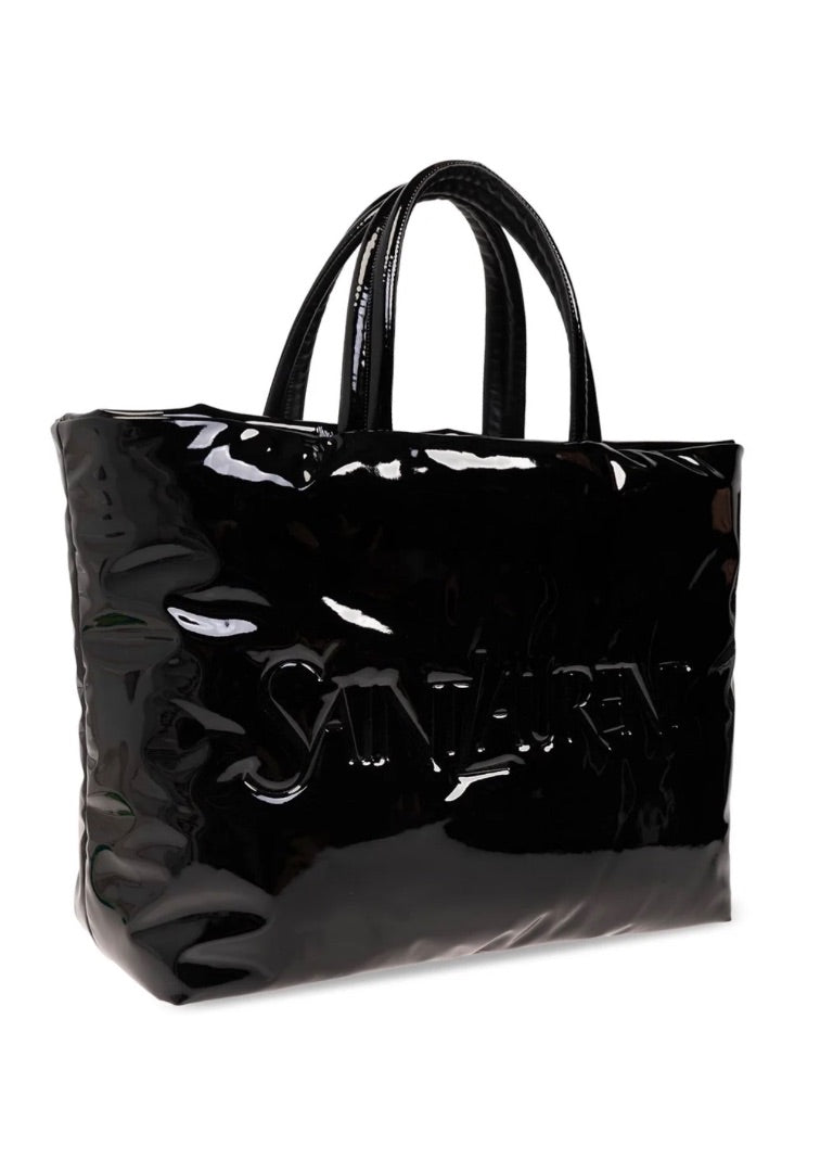 Saint Laurent logo-debossed tote bag with a high-shine patent finish
