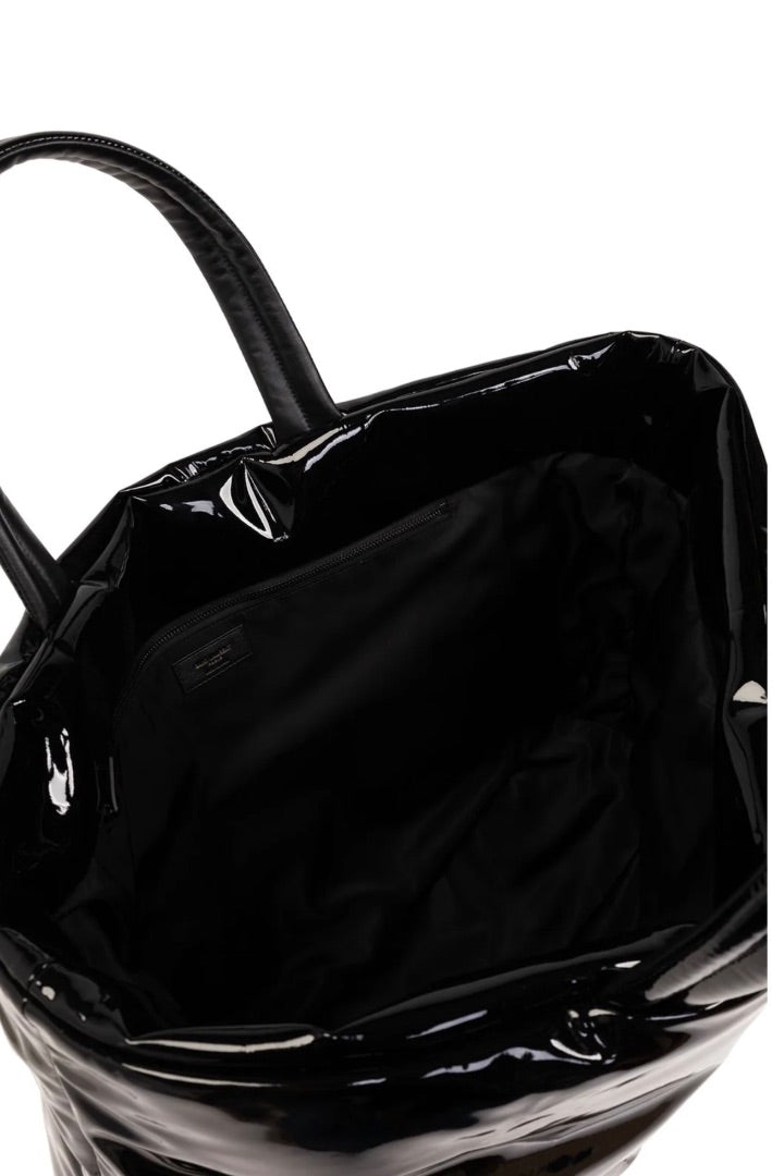 Saint Laurent logo-debossed tote bag with a high-shine patent finish