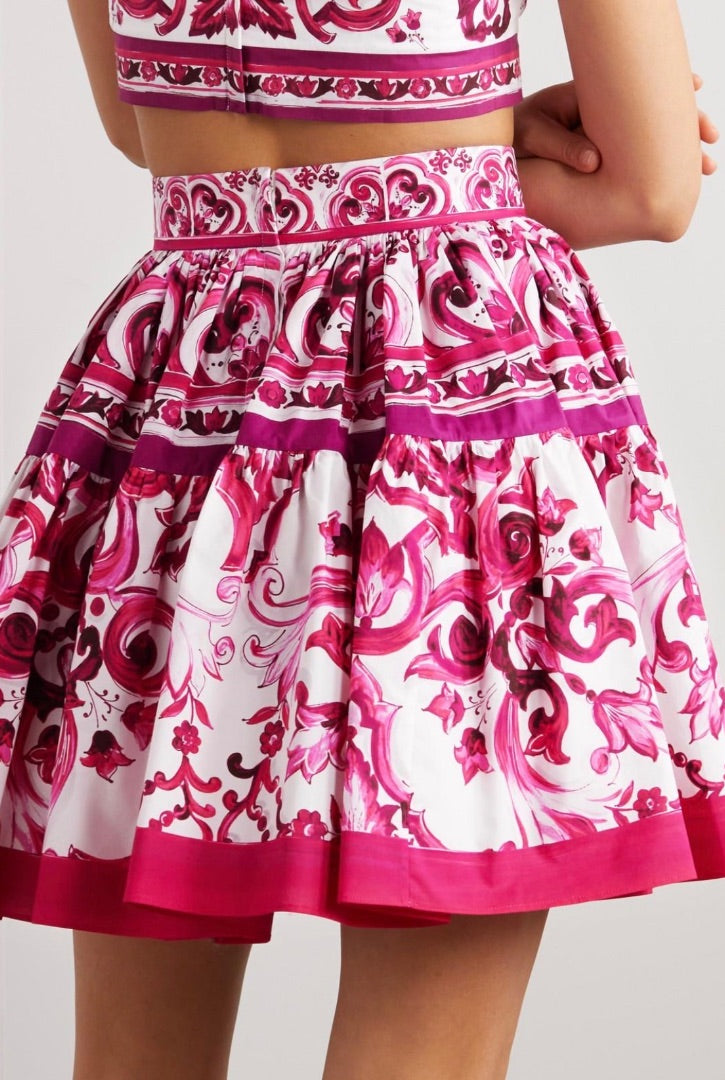 Dolce & Gabbana Maiolica pleated printed cotton-poplin mini skirt and top