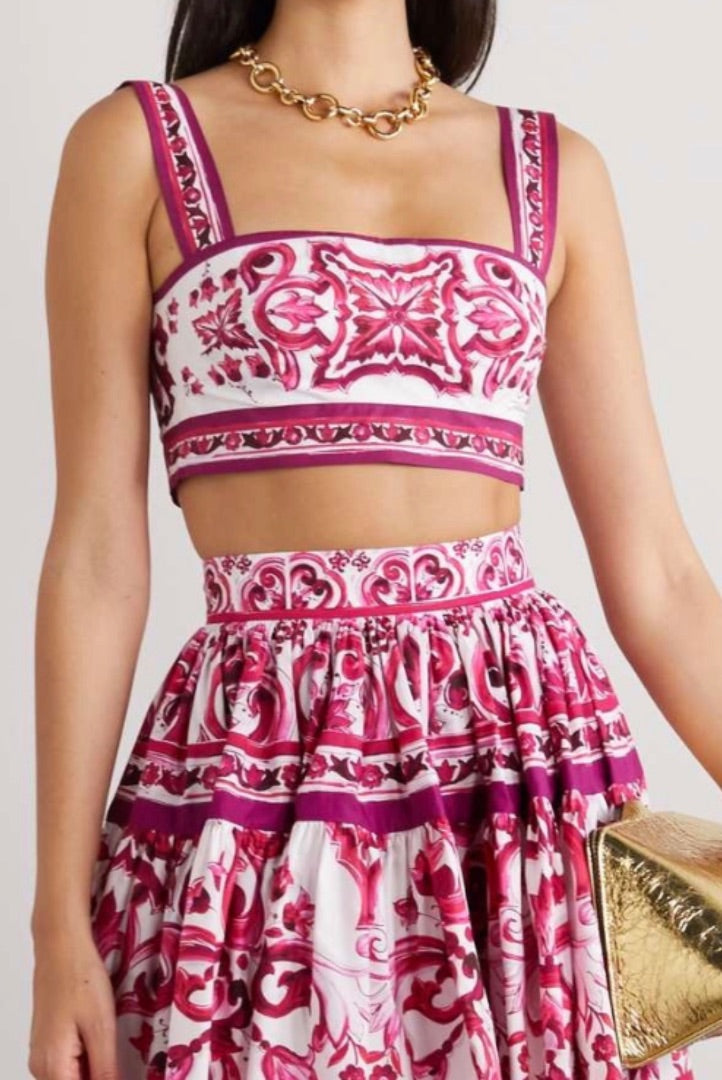 Dolce & Gabbana Maiolica pleated printed cotton-poplin mini skirt and top