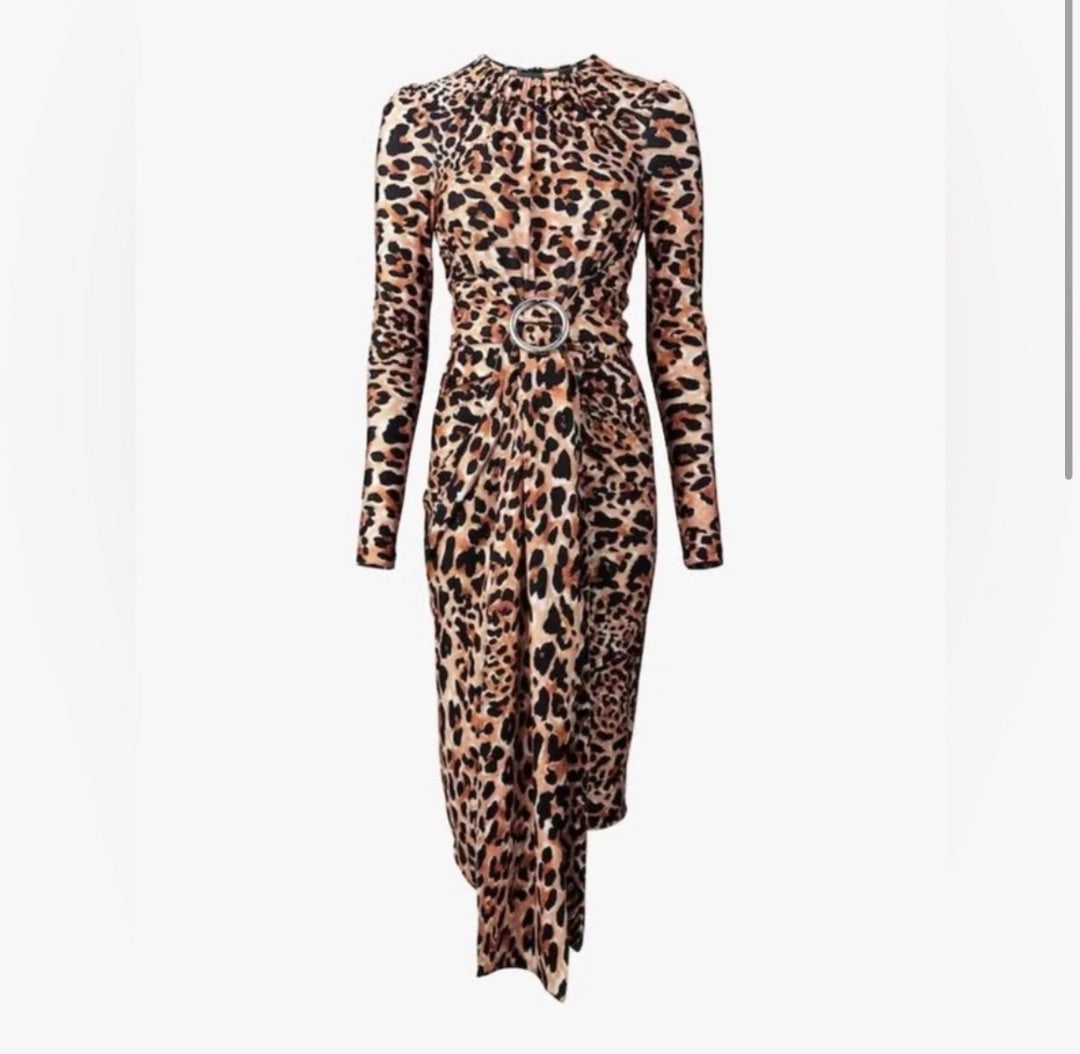 Paco Rabanne x H&M Leopard Midi Dress featuring a buckle detai