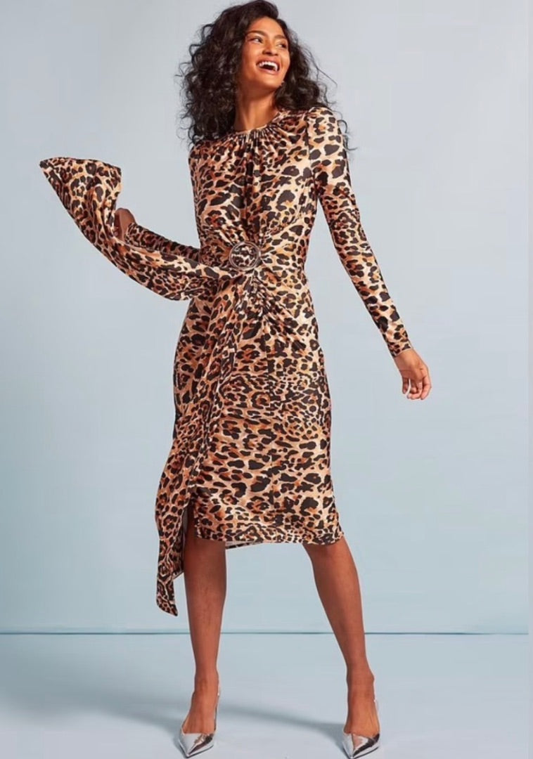 Paco Rabanne x H&M Leopard Midi Dress featuring a buckle detai