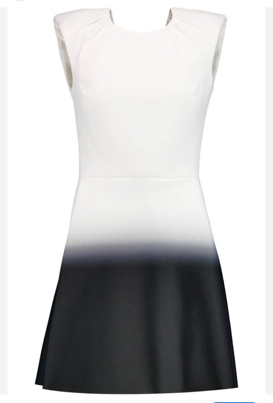 Maje Romance ombré neoprene mini dress features a structured, fit-and-flare silhouette with a white top fading into a black hem