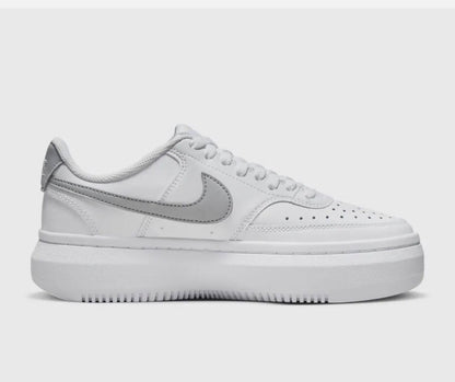Nike Court Vision Alta sneakers in a white and metallic silver colorway