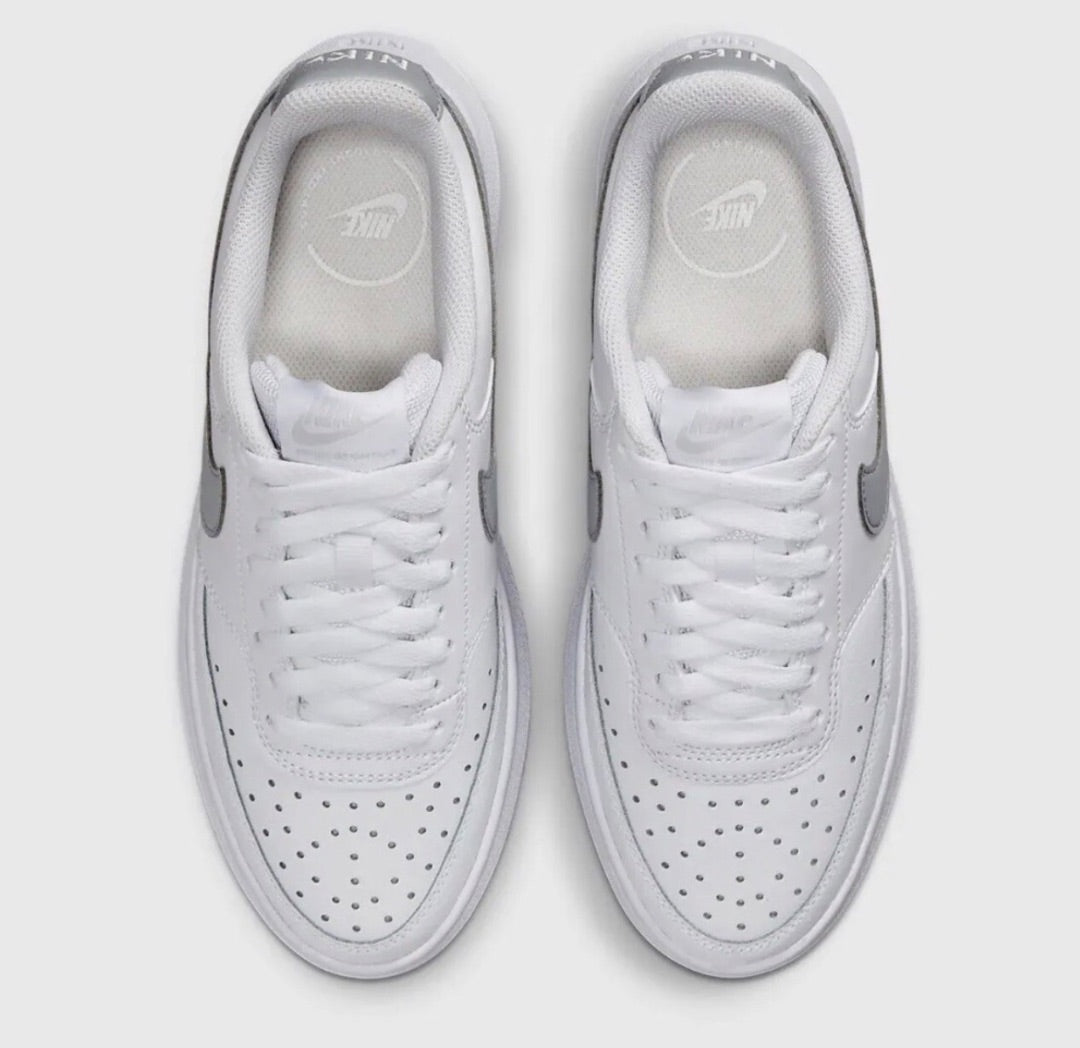 Nike Court Vision Alta sneakers in a white and metallic silver colorway