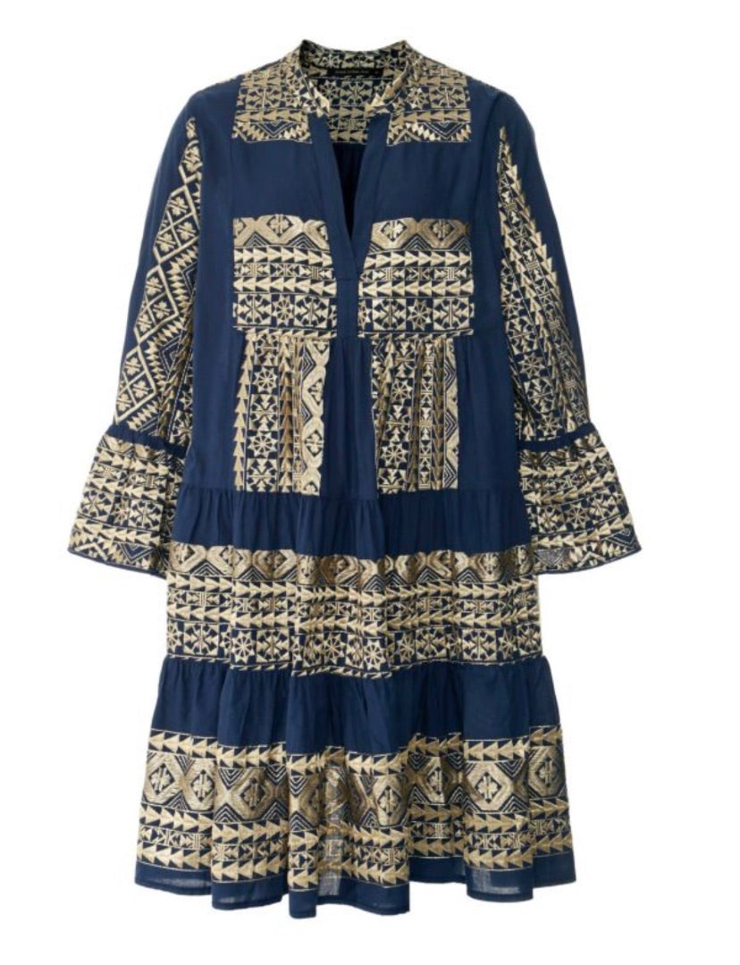 Greek Archaic Kori Triangle Long Sleeves Mini Dress in Navy
