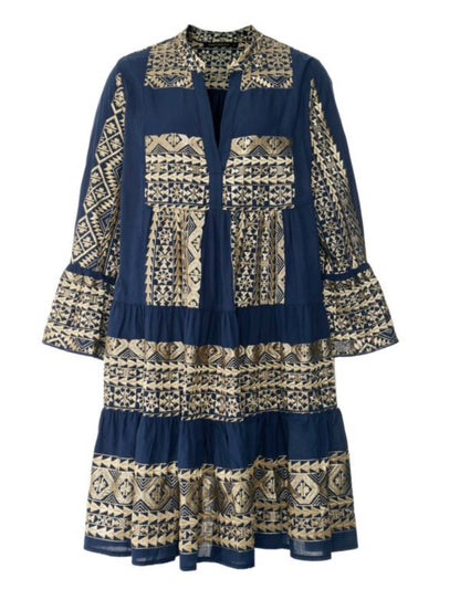 Greek Archaic Kori Triangle Long Sleeves Mini Dress in Navy