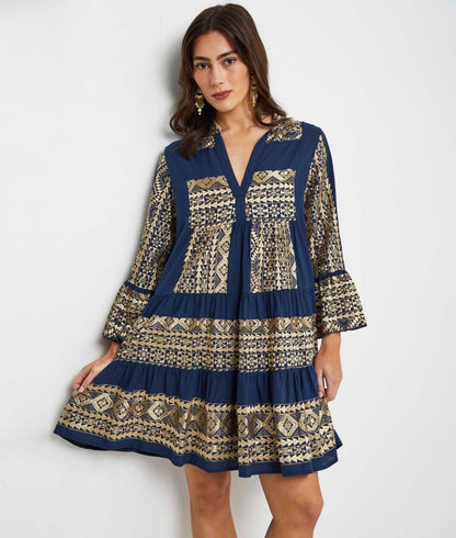 Greek Archaic Kori Triangle Long Sleeves Mini Dress in Navy