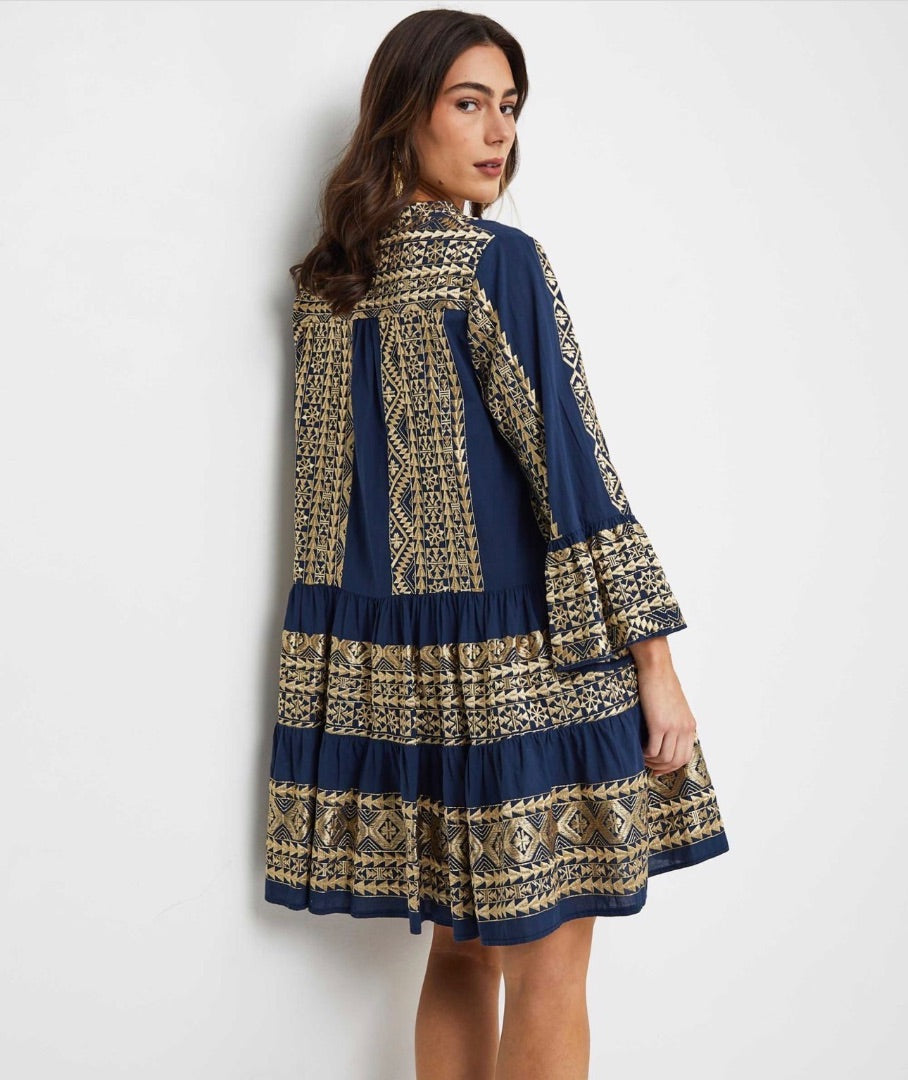 Greek Archaic Kori Triangle Long Sleeves Mini Dress in Navy
