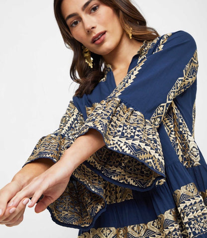 Greek Archaic Kori Triangle Long Sleeves Mini Dress in Navy