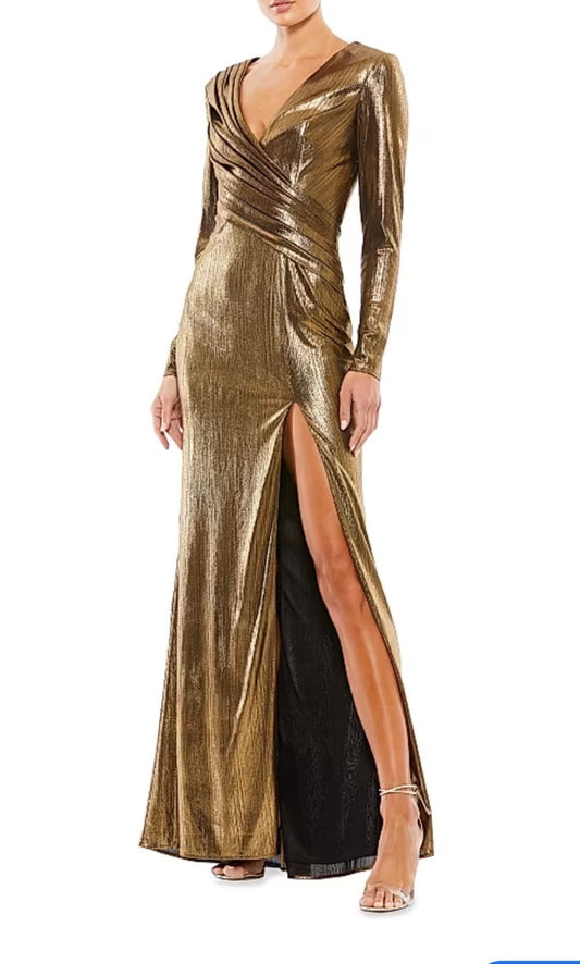 Mac Duggal Metallic Long-Sleeve Asymmetrical Ruched Gown