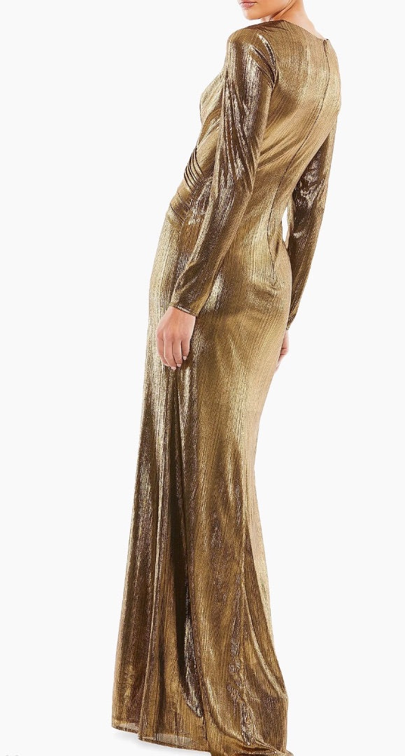 Mac Duggal Metallic Long-Sleeve Asymmetrical Ruched Gown