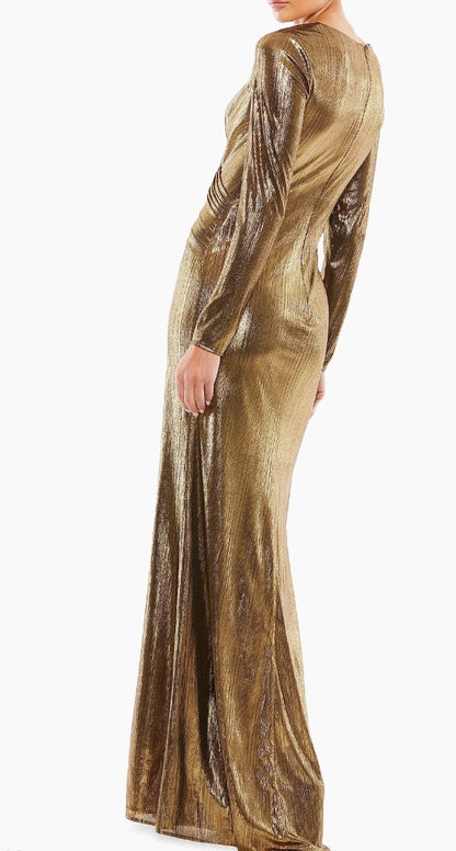Mac Duggal Metallic Long-Sleeve Asymmetrical Ruched Gown