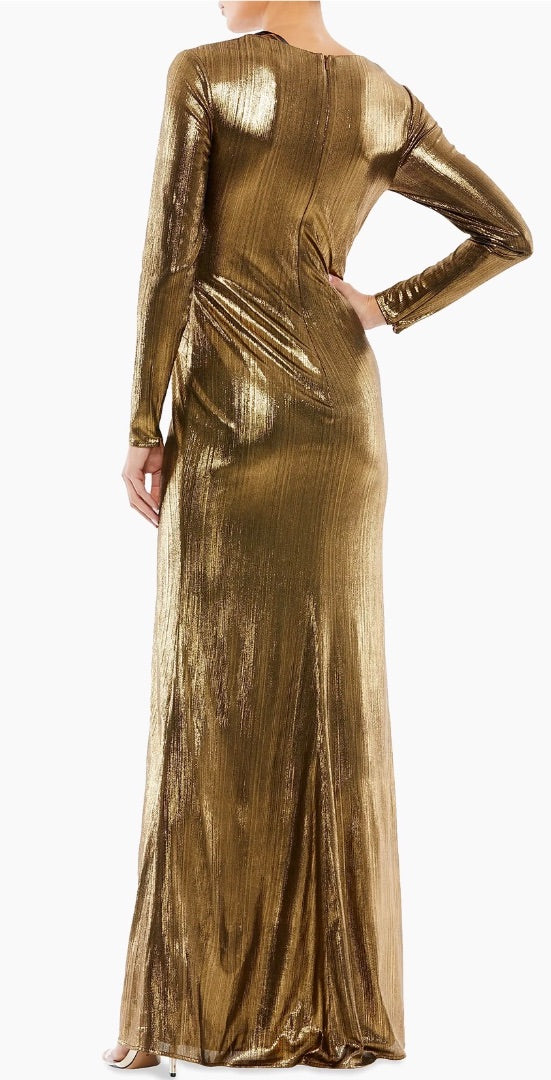 Mac Duggal Metallic Long-Sleeve Asymmetrical Ruched Gown