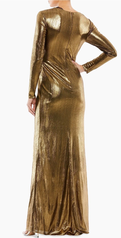 Mac Duggal Metallic Long-Sleeve Asymmetrical Ruched Gown