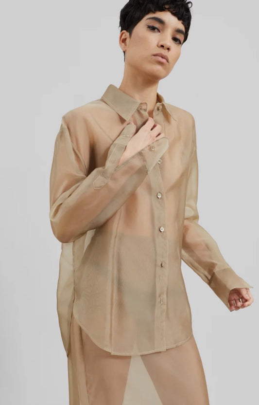 The Frankie Shop Peri sheer shirt in a neutral desert sand color made from a silk-blend organza