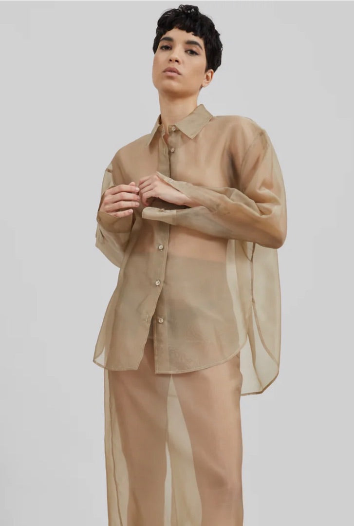 The Frankie Shop Peri sheer shirt in a neutral desert sand color made from a silk-blend organza
