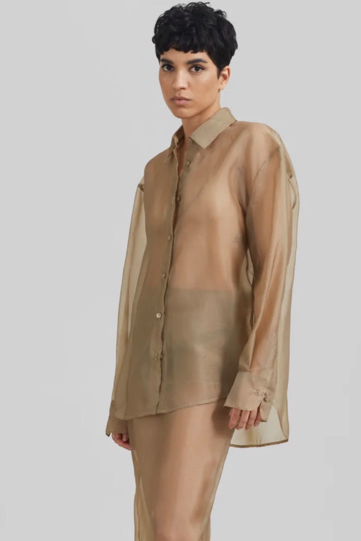 The Frankie Shop Peri sheer shirt in a neutral desert sand color made from a silk-blend organza