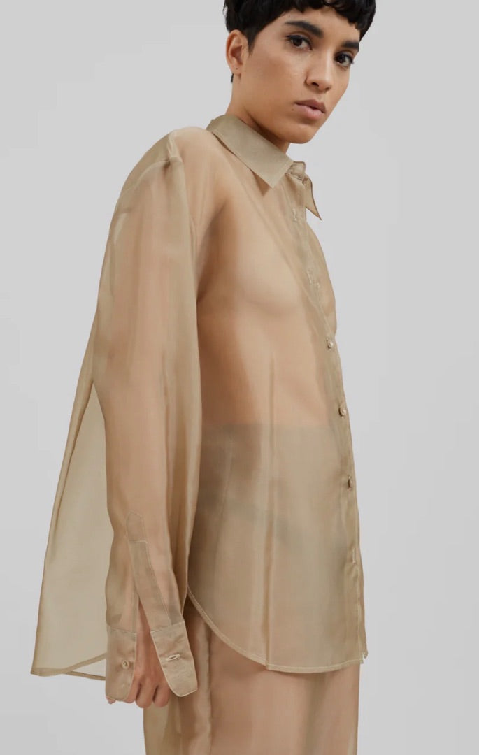 The Frankie Shop Peri sheer shirt in a neutral desert sand color made from a silk-blend organza