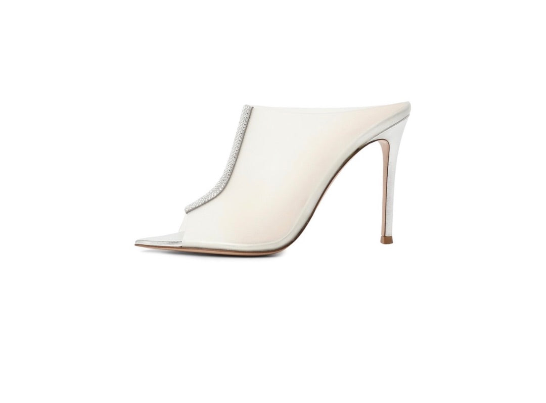 Gianvito Rossi Sigma mules feature a distinctive crystal-encrusted