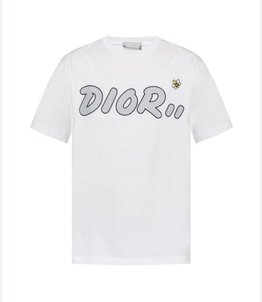 Christian Dior collaboration with artist KAWS, featuring a stylized grey logo and a small embroidered bee.