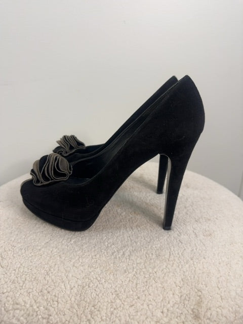 Stuart Weitzman Suede Heels with olive flower