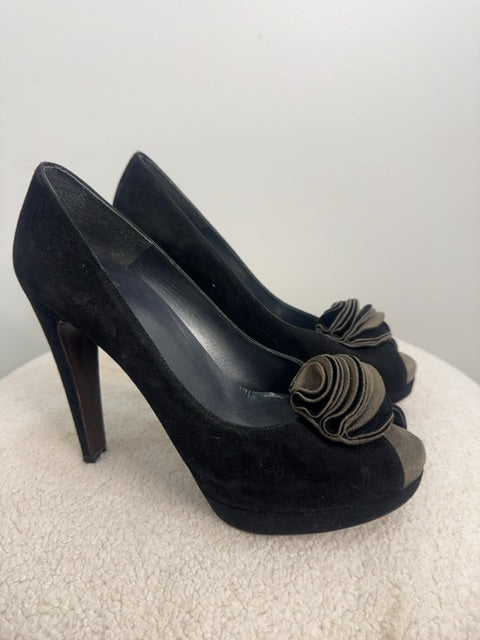Stuart Weitzman Suede Heels with olive flower