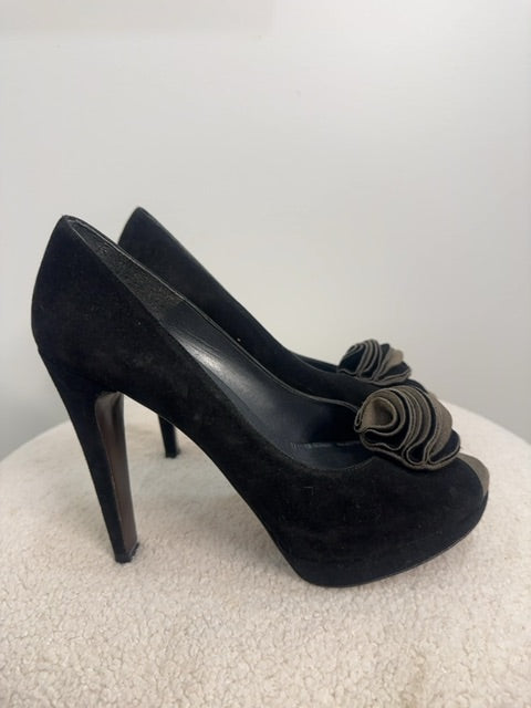 Stuart Weitzman Suede Heels with olive flower