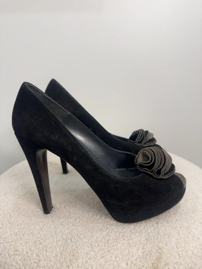 Stuart Weitzman Suede Heels with olive flower