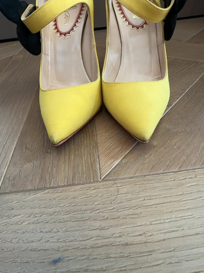 Louboutins Pensee pansy-flower embellishment Mary Jane pumps, featuring yellow satin and the brand's signature red sole