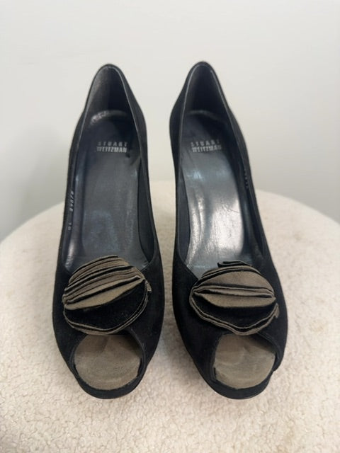 Stuart Weitzman Suede Heels with olive flower